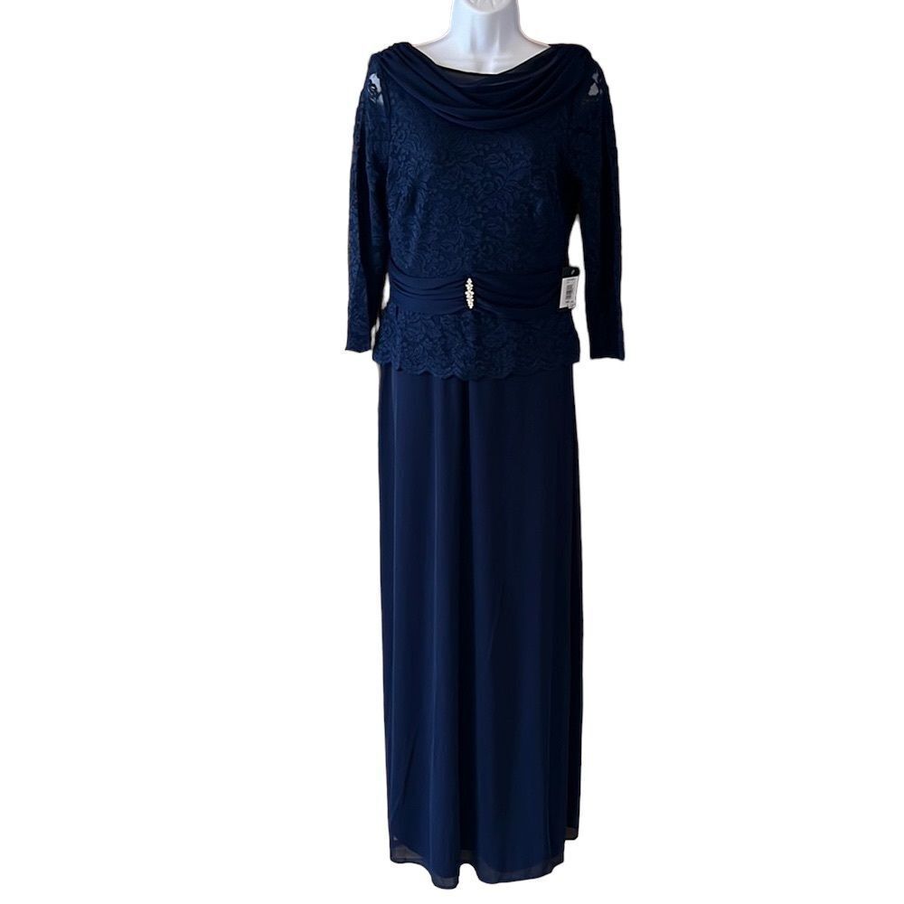 NWT Marina Navy Blue Lace Formal Evening Maxi Dress Size 6